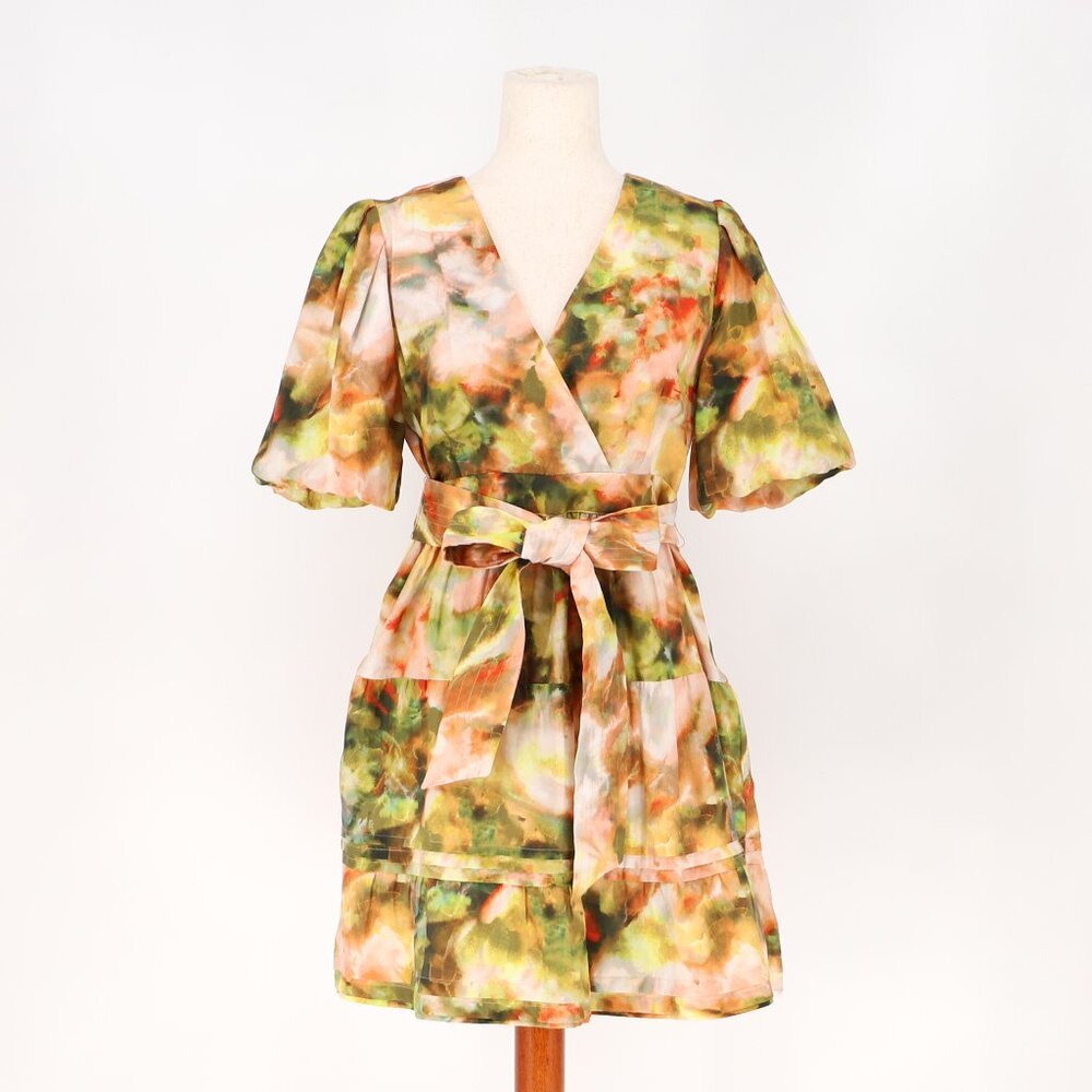 MARIE OLIVER Callie Belted Silk Blend Mini Dress in Garden Yellow Size 6